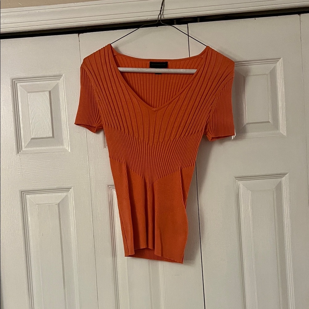 Worthington Orange Ribbed V-Neck Blouse